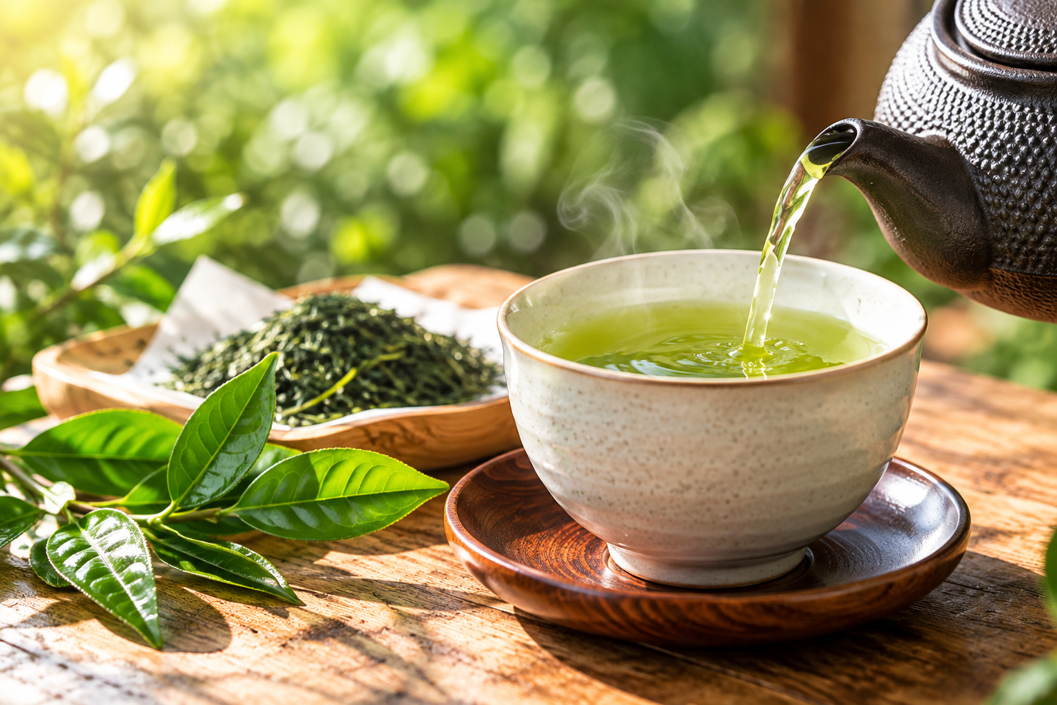 急須から湯呑みに注がれる緑茶と茶葉